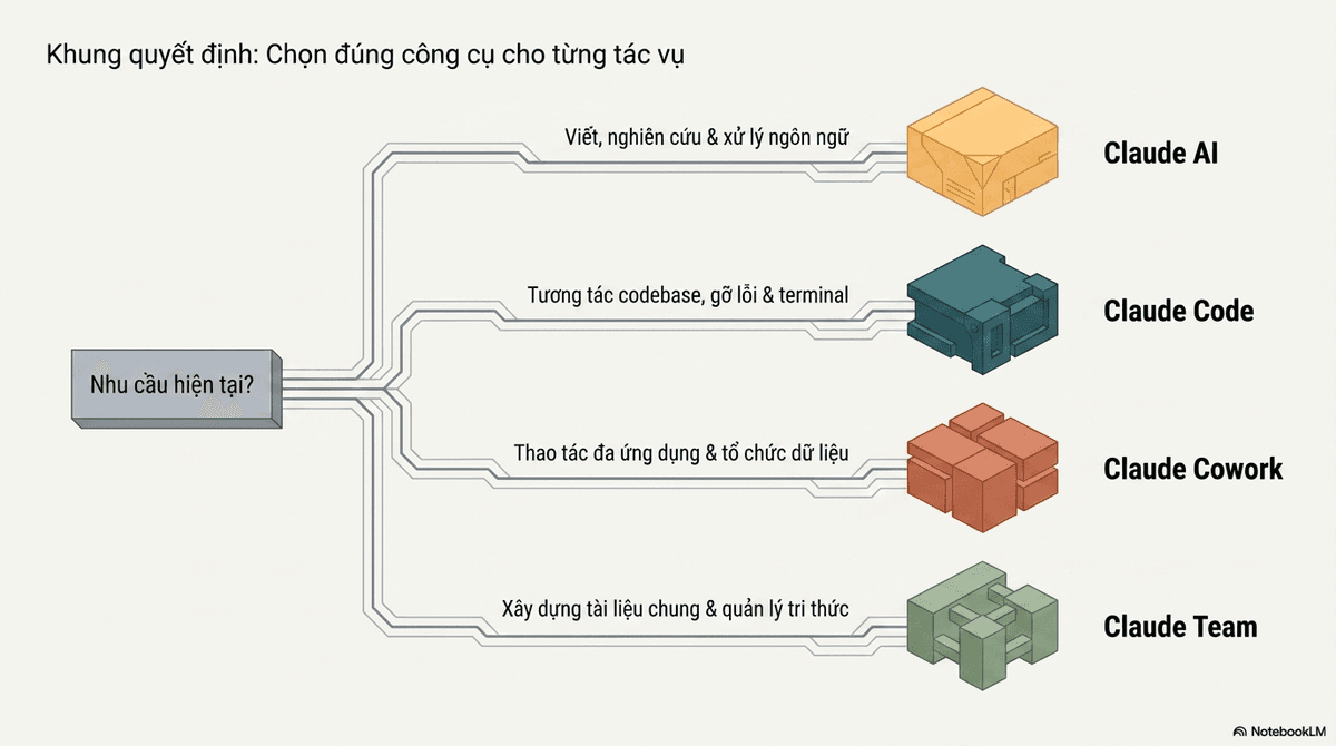 Khung quyết định chọn sản phẩm Claude theo loại công việc: tư duy chọn Claude AI, lập trình chọn Claude Code, tự động hóa chọn Claude Cowork, cộng tác nhóm chọn Claude Team
