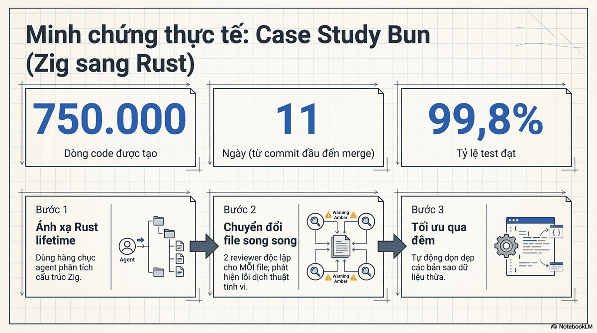 Đồ hoạ case study Bun chuyển Zig sang Rust: 750.000 dòng code, 11 ngày, 99,8% test đạt, qua ba bước ánh xạ lifetime, chuyển đổi file song song và tối ưu qua đêm.