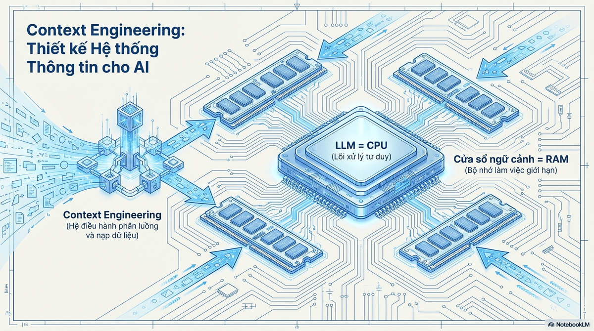 Sơ đồ ẩn dụ context engineering: LLM là CPU và cửa sổ ngữ cảnh là RAM, với context engineering điều phối luồng dữ liệu nạp vào cho mỗi bước xử lý