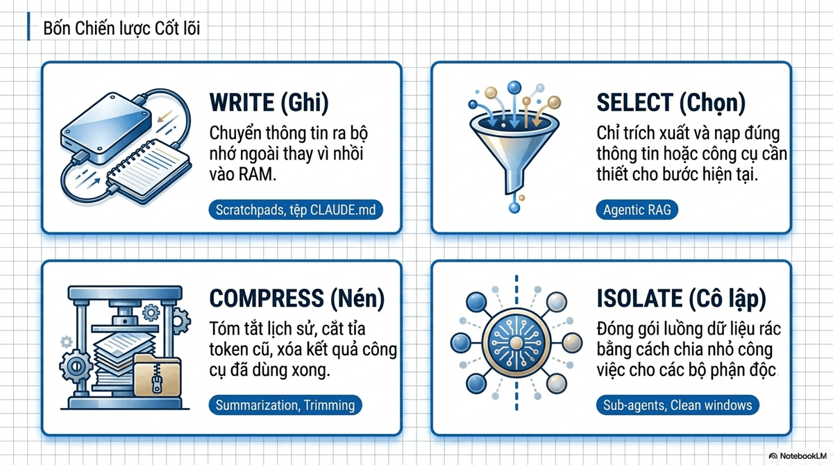 Bốn chiến lược cốt lõi của context engineering trình bày dạng lưới bốn ô: Write (ghi), Select (chọn), Compress (nén) và Isolate (cô lập)