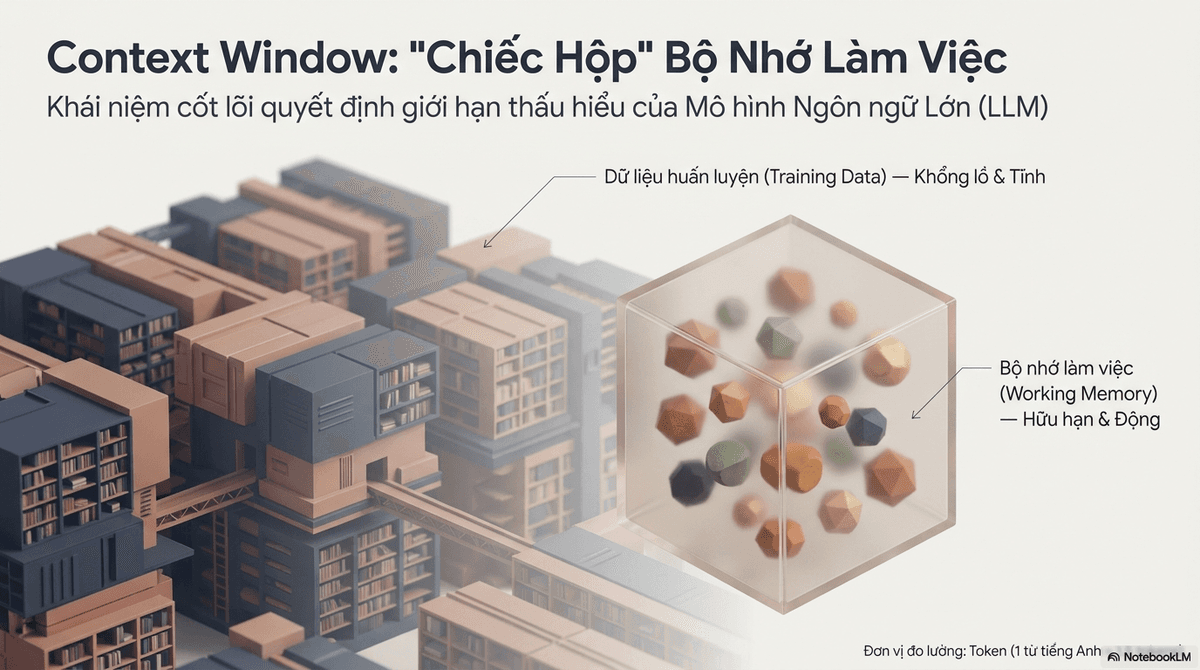 Sơ đồ khái niệm context window như chiếc hộp bộ nhớ làm việc hữu hạn của mô hình ngôn ngữ lớn, tách biệt với kho dữ liệu huấn luyện khổng lồ