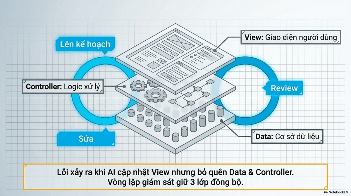 Vòng lặp Plan-Review-Fix gắn với ba lớp phần mềm Data, Controller và View.