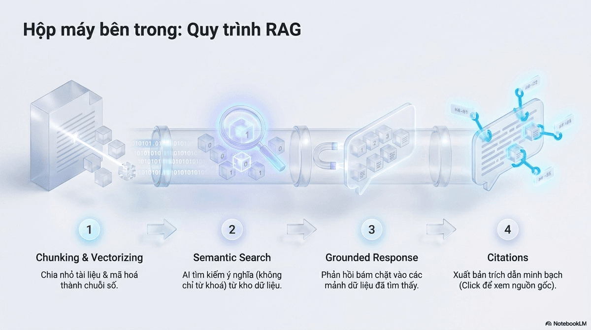 Quy trình RAG bốn bước của NotebookLM: chia nhỏ và vector hoá, tìm kiếm ngữ nghĩa, tổng hợp câu trả lời bám nguồn, rồi gắn trích dẫn