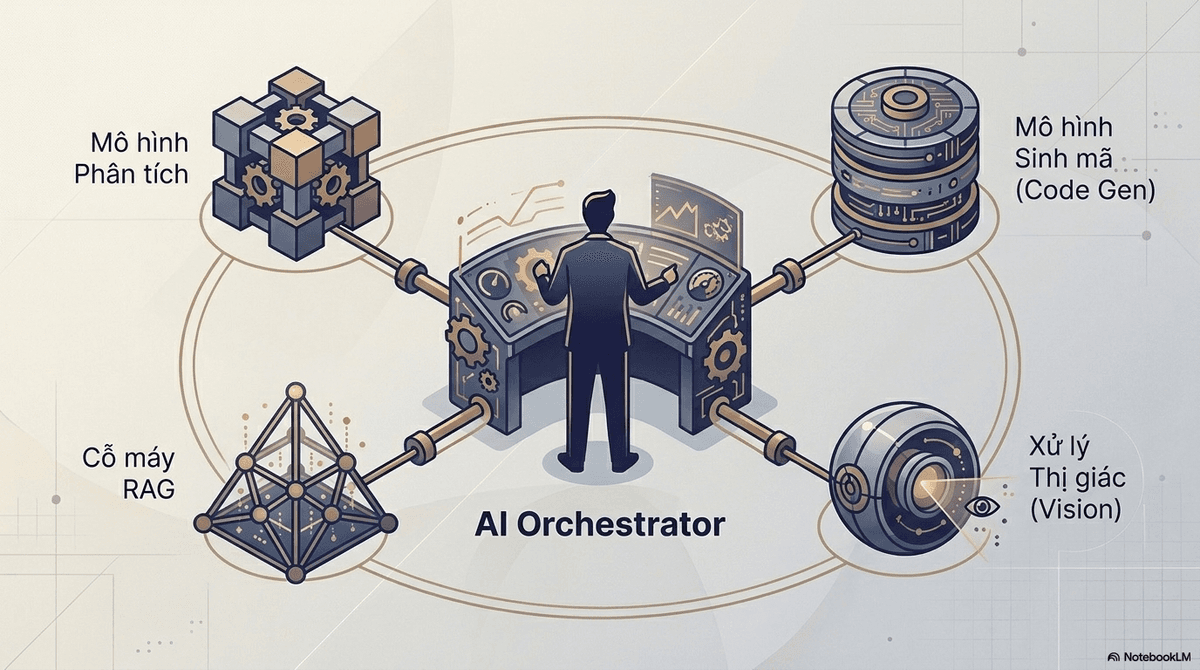 Kỹ sư trong vai trò người điều phối AI (AI Orchestrator), đứng giữa và kết nối tới bốn mô hình chuyên biệt: phân tích, sinh mã, RAG và xử lý thị giác