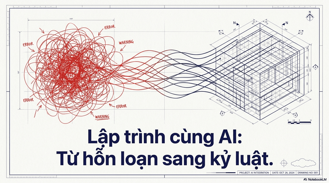 Một mớ rối ren màu đỏ tượng trưng cho vibe coding hỗn loạn chuyển hoá thành bản vẽ kiến trúc có cấu trúc — lập trình cùng AI đi từ hỗn loạn sang kỷ luật.