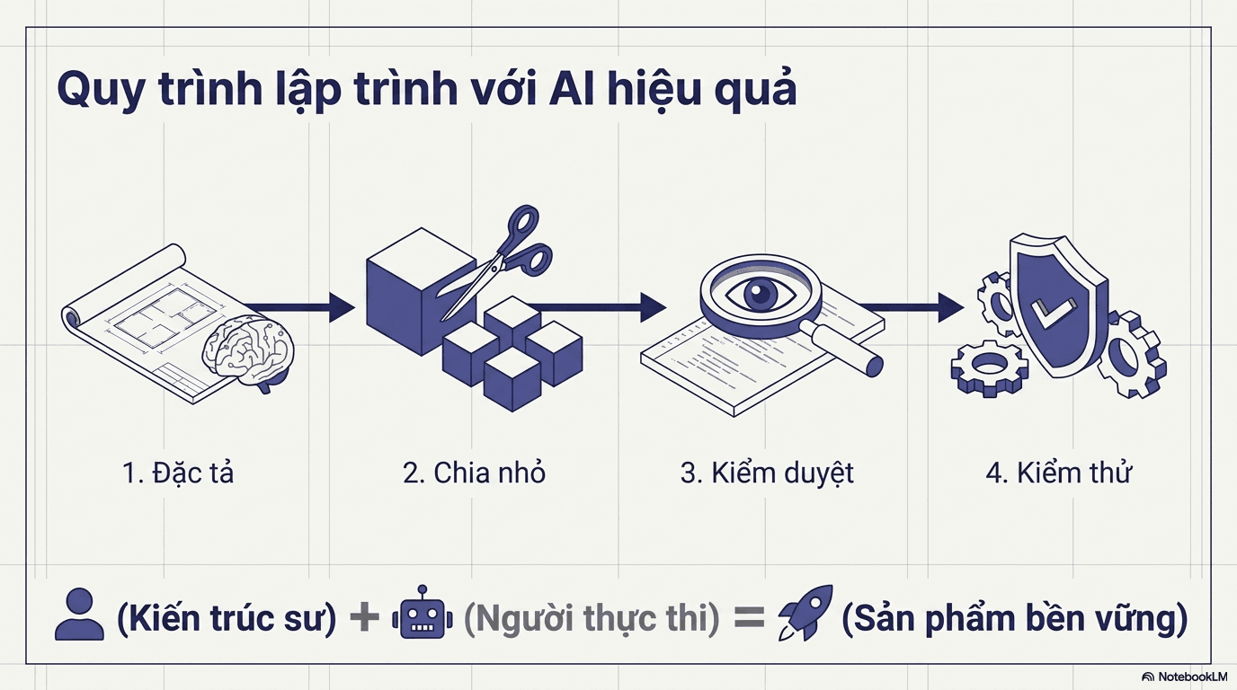 Quy trình bốn bước lập trình với AI hiệu quả: viết đặc tả, chia nhỏ tác vụ, kiểm duyệt từng dòng diff và kiểm thử — kiến trúc sư cộng người thực thi tạo ra sản phẩm bền vững.